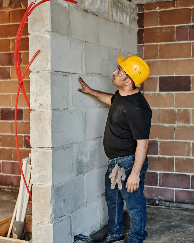 Surveyor examining a block and brick wall on a building site