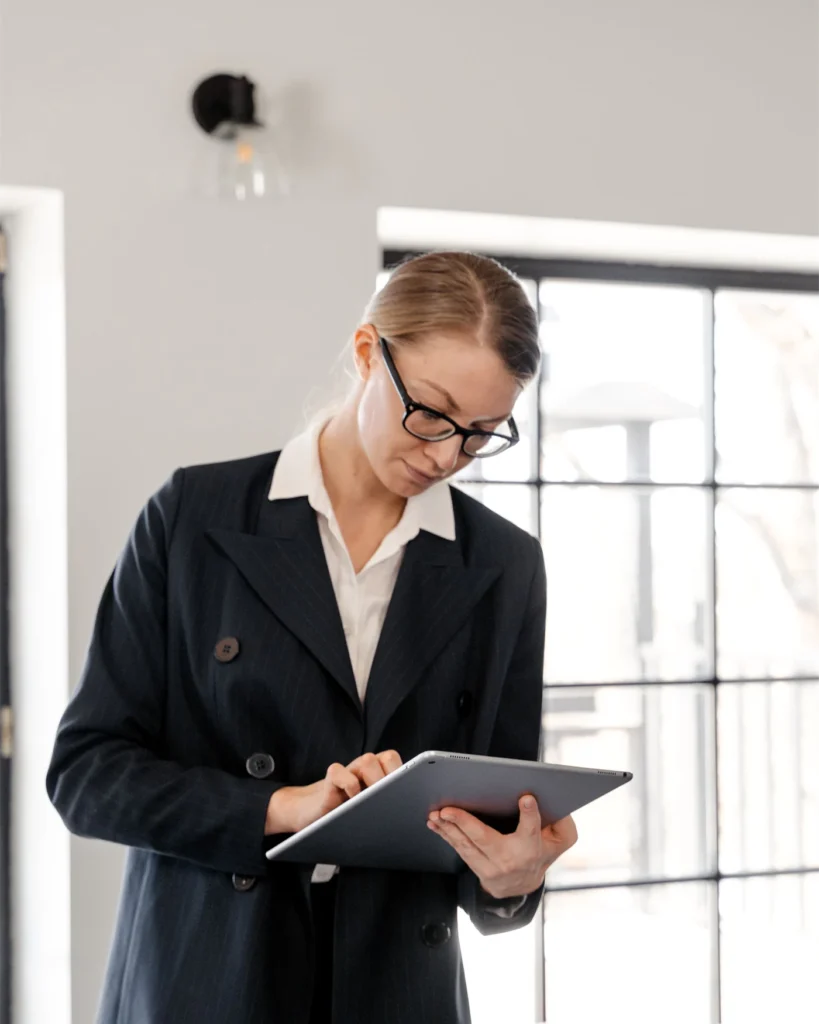 Colleague reviewing information on a tablet during a document check