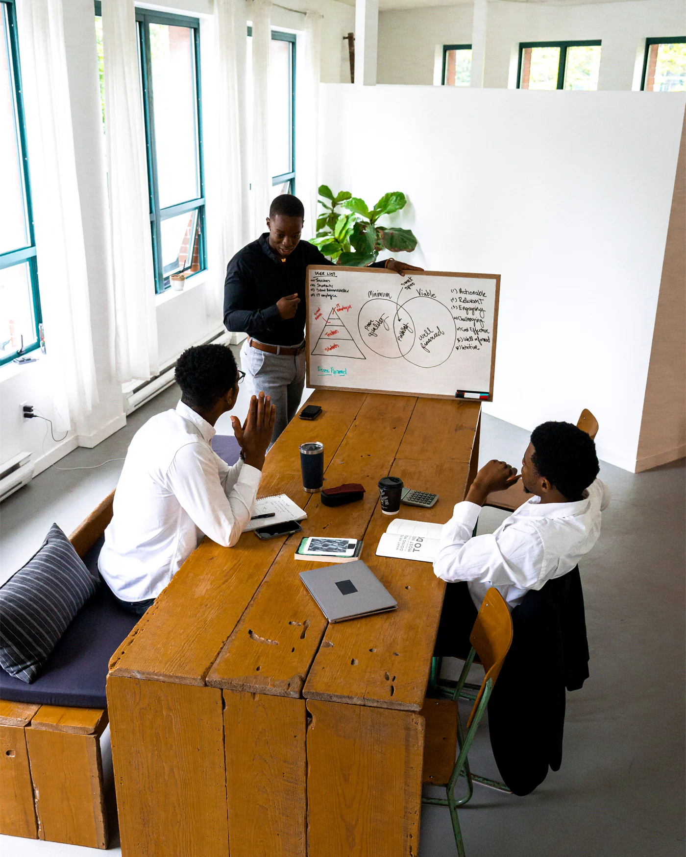 Team meeting in a bright open office with a whiteboard
