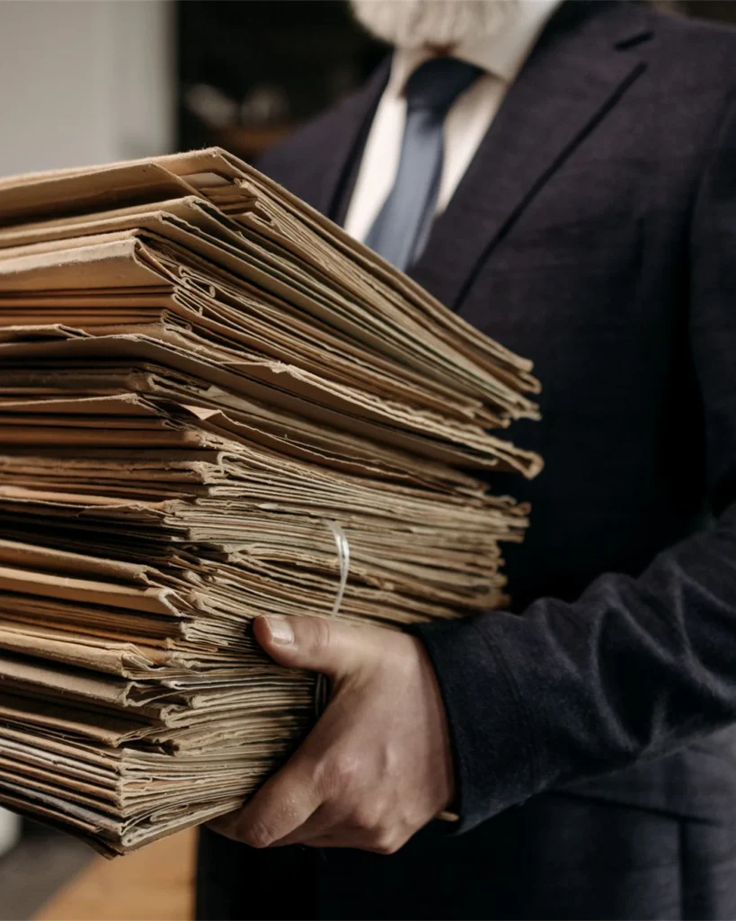 Bundled case files being carried across an office