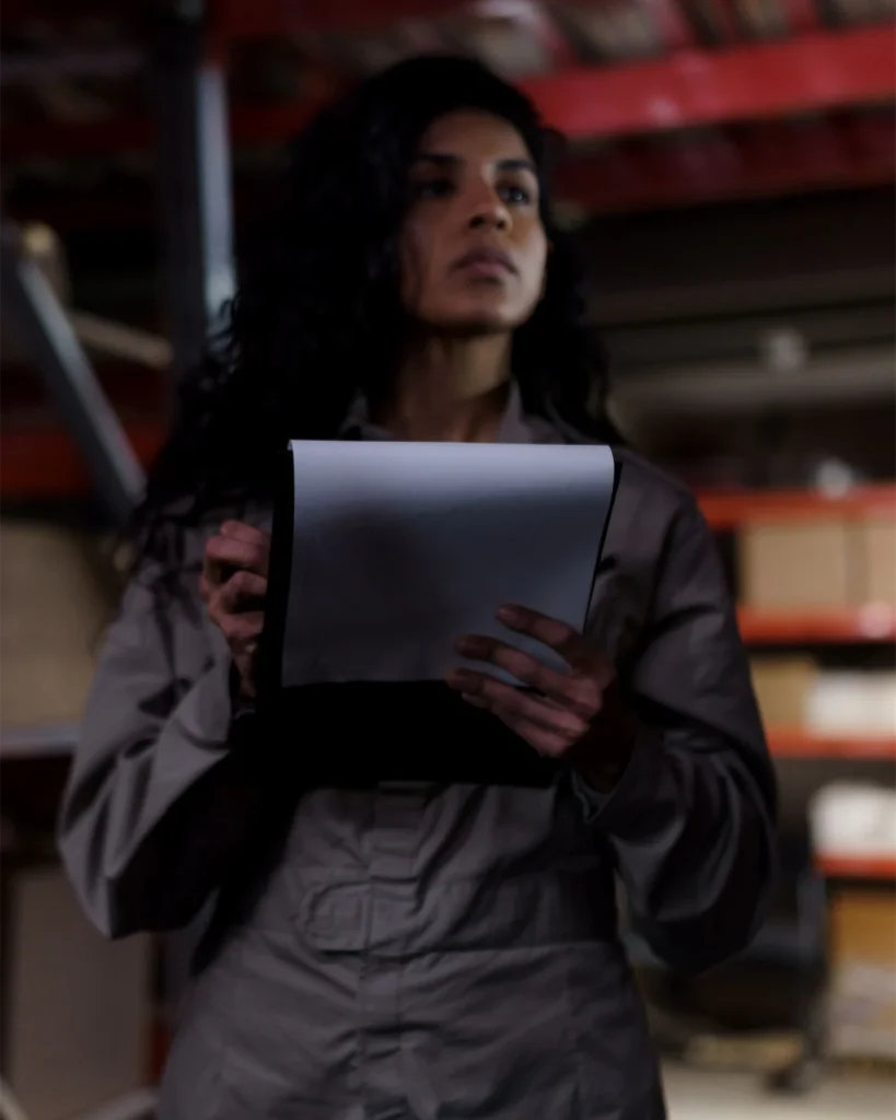 Professional reviewing records on a tablet inside a storage facility