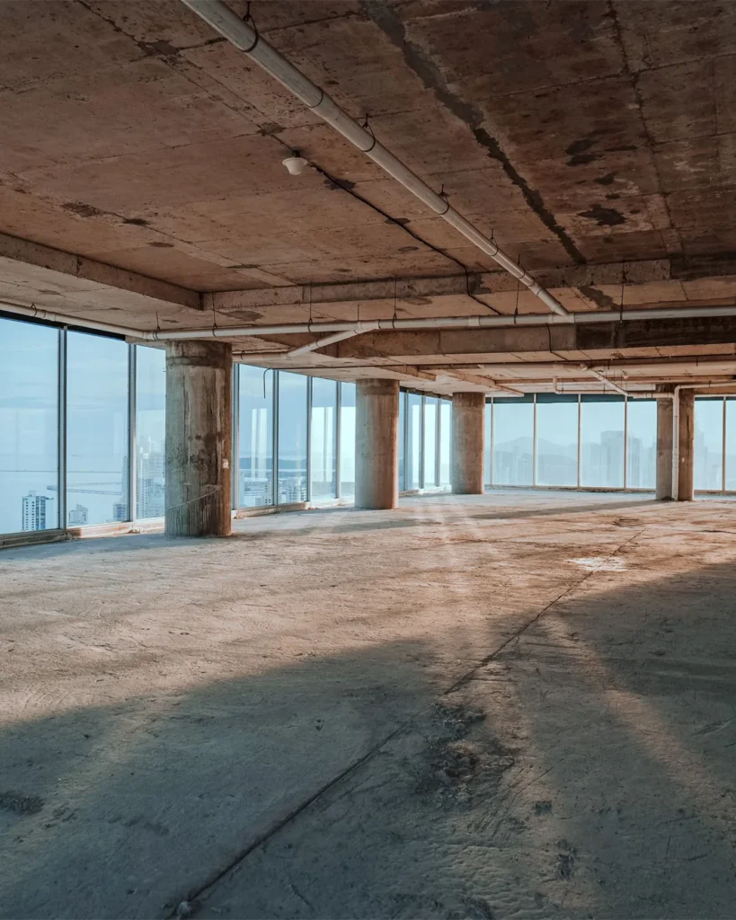 An unfinished commercial floor undergoing reconstruction