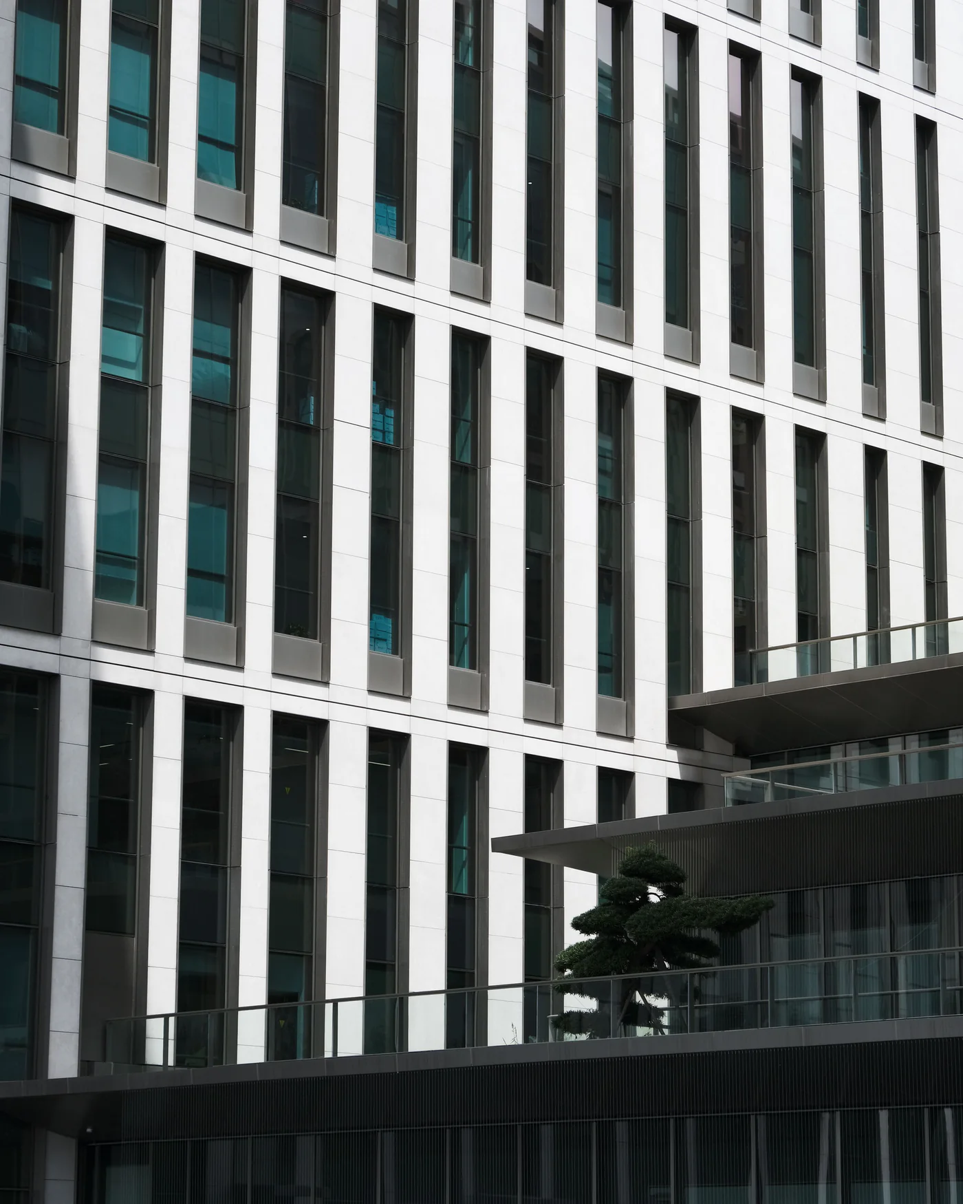 Modern office building with tall windows and a pale geometric facade