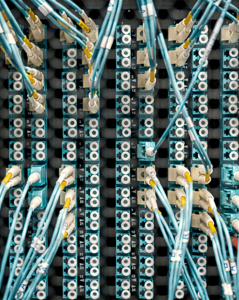 Fibre optic cables connected to a patch panel