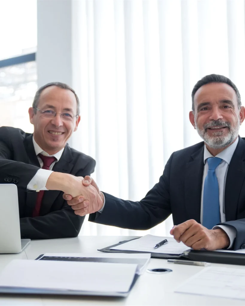 Two professionals shaking hands over a settled lease agreement
